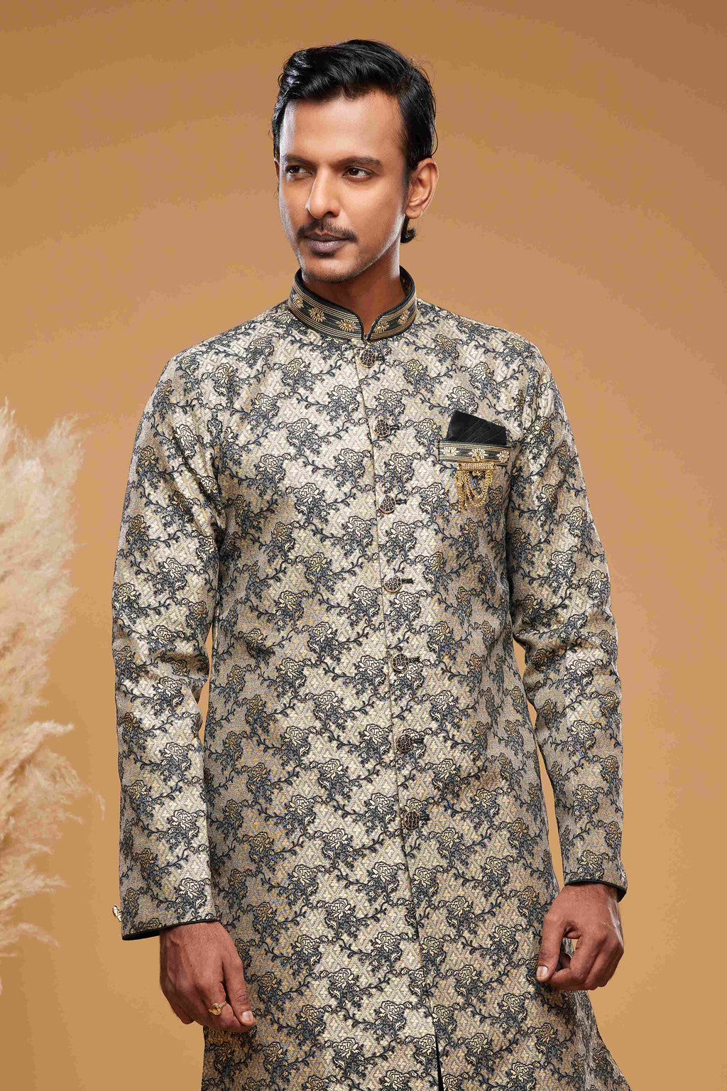 Raivat Ethnic Banarasi Jacquard Embroidery Semi Indo Western Sherwani In Beige Black Colour