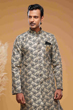 Raivat Ethnic Banarasi Jacquard Embroidery Semi Indo Western Sherwani In Beige Black Colour