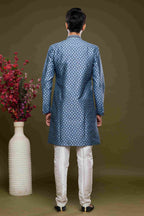 Raivat Ethnic Banarasi Jacquard Embroidery Semi Indo Western Sherwani In Blue Colour