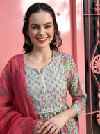 Sangria Sea Green Floral Printed Pure Cotton Kurta with Palazzos & Dupatta