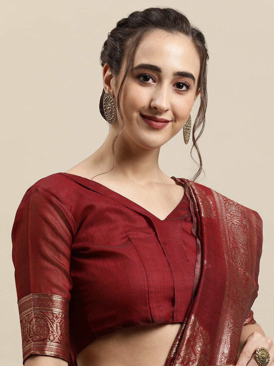 Saree Mall Maroon & Gold-Toned Ethnic Motifs Zari Silk Blend Banarasi Sarees