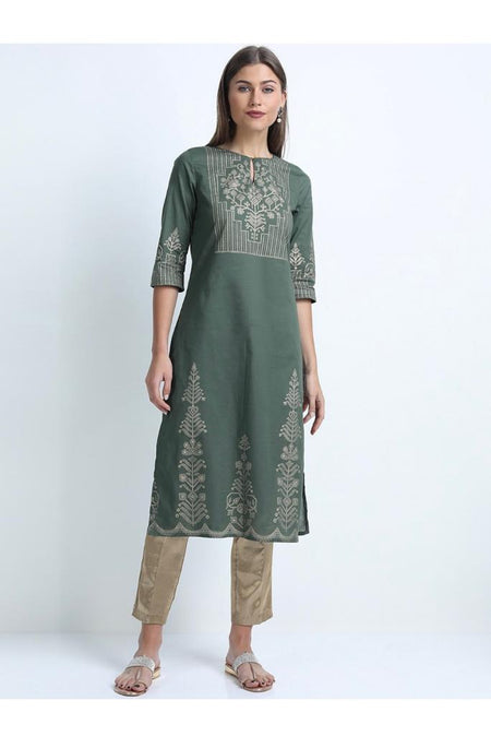 Maai Rayon Hand Printed Kurta Green