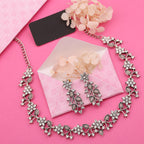 Tehzeeb Creations Silver Pleated White Diamond With Grey Beads Necklace Set