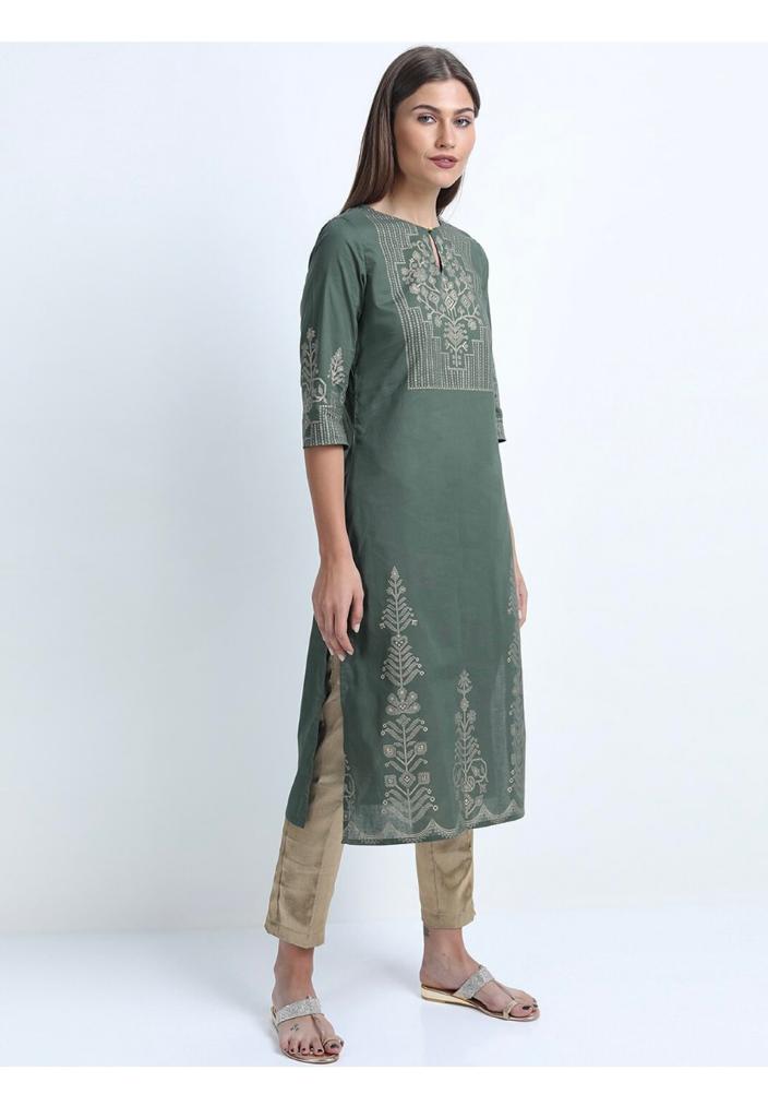 Maai Rayon Hand Printed Kurta Green - Distacart