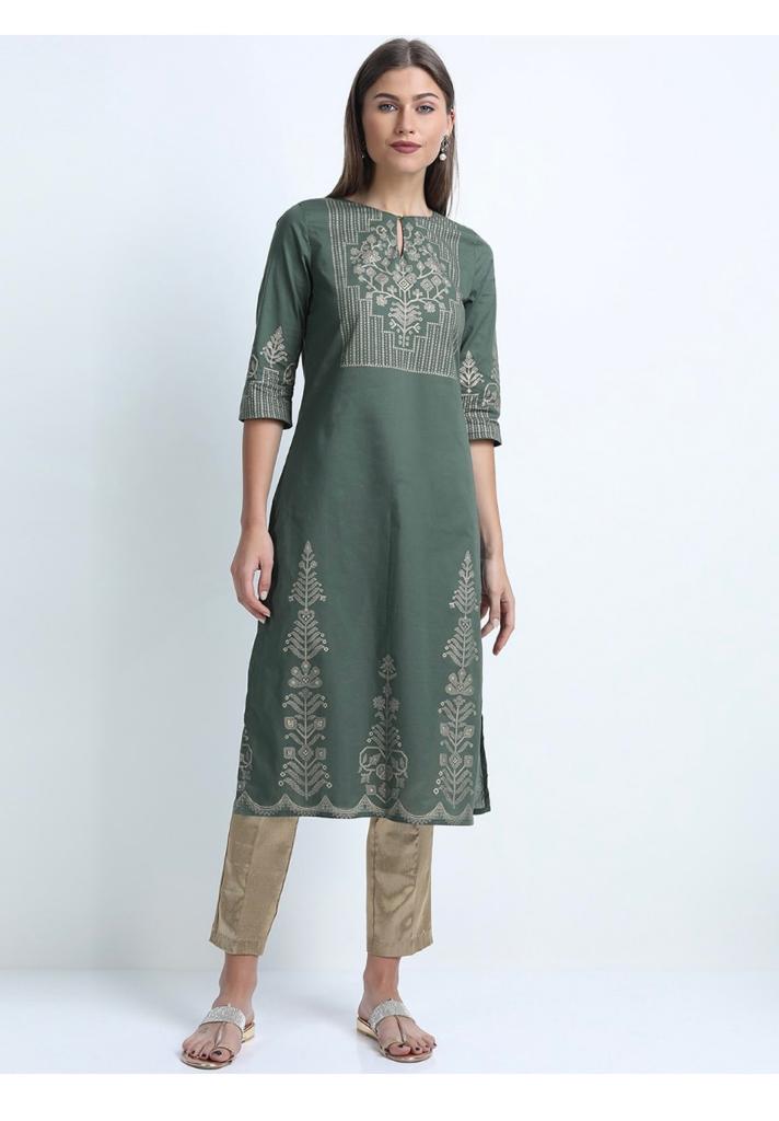 Maai Rayon Hand Printed Kurta Green - Distacart