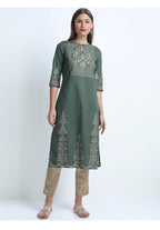 Maai Rayon Hand Printed Kurta Green - Distacart