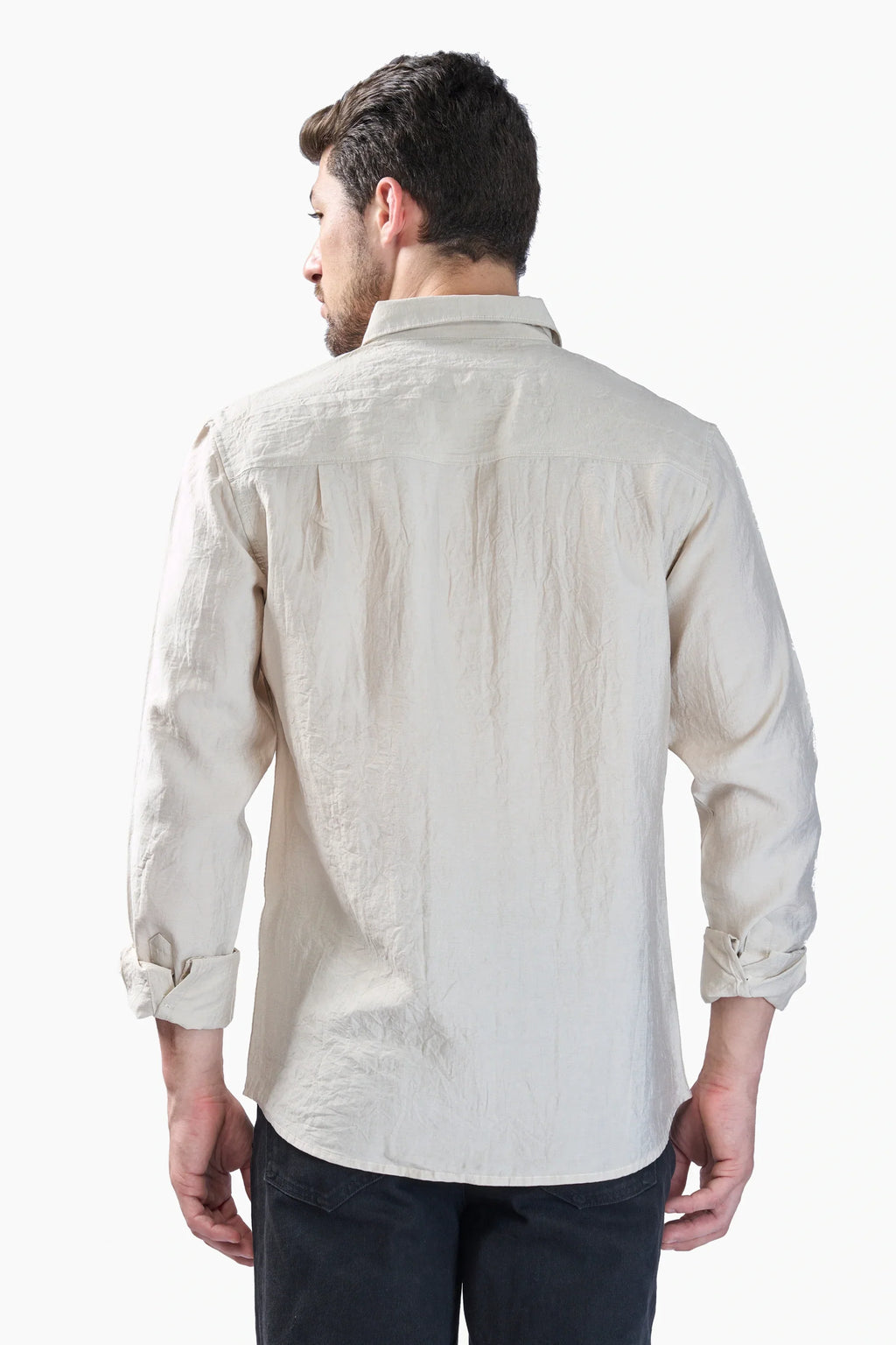 Xkind Beige Crush Wrinkled Look Regular Fit Shirt