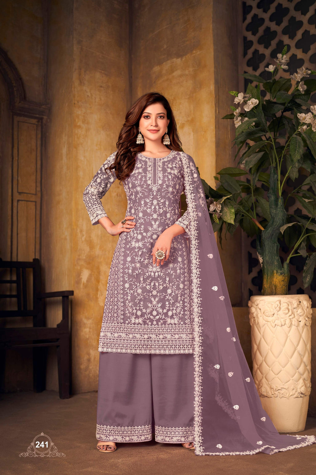 Anaita Lavender Embroidered Net Plazzo Suit - Distacart
