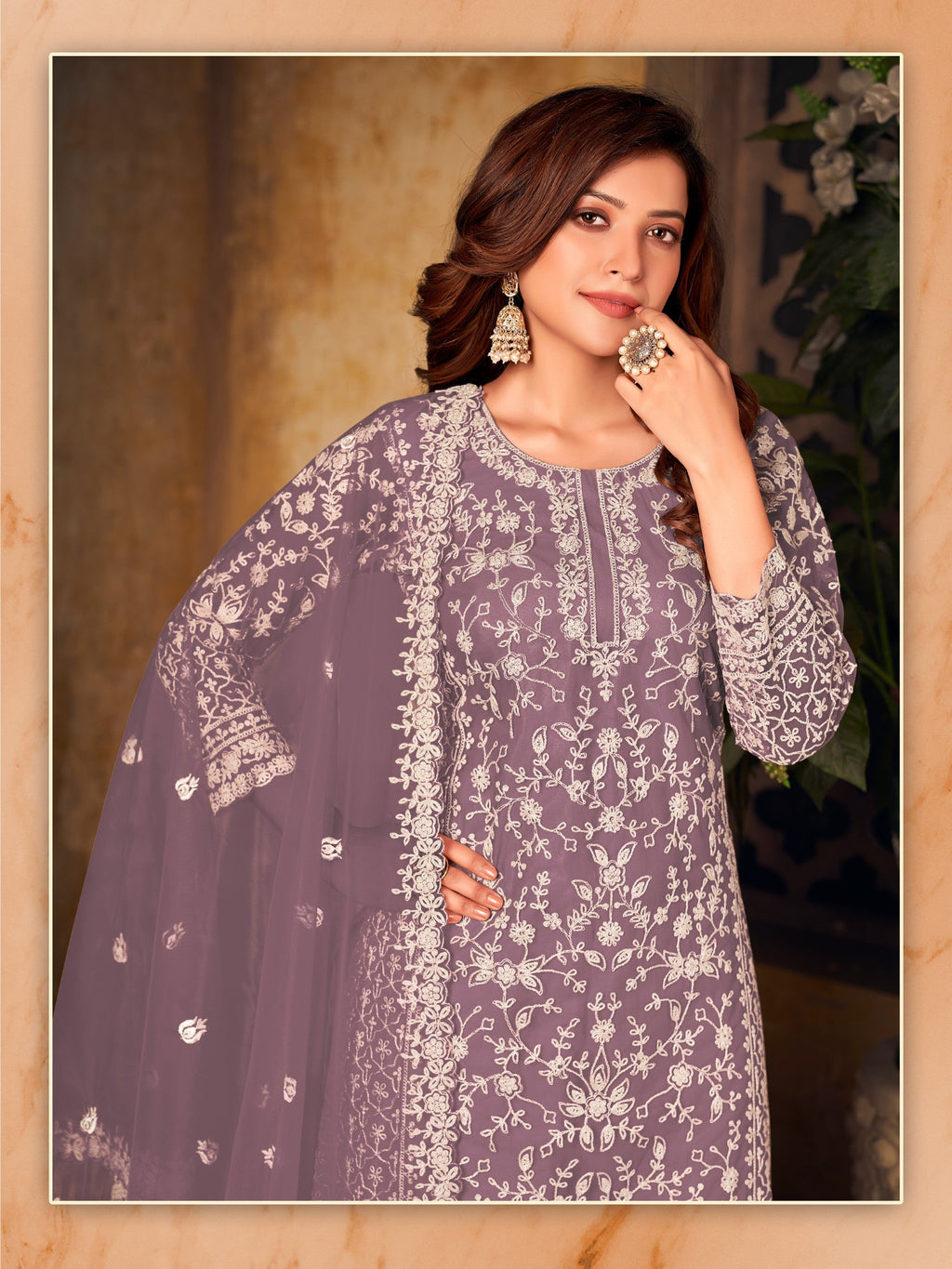 Anaita Lavender Embroidered Net Plazzo Suit - Distacart