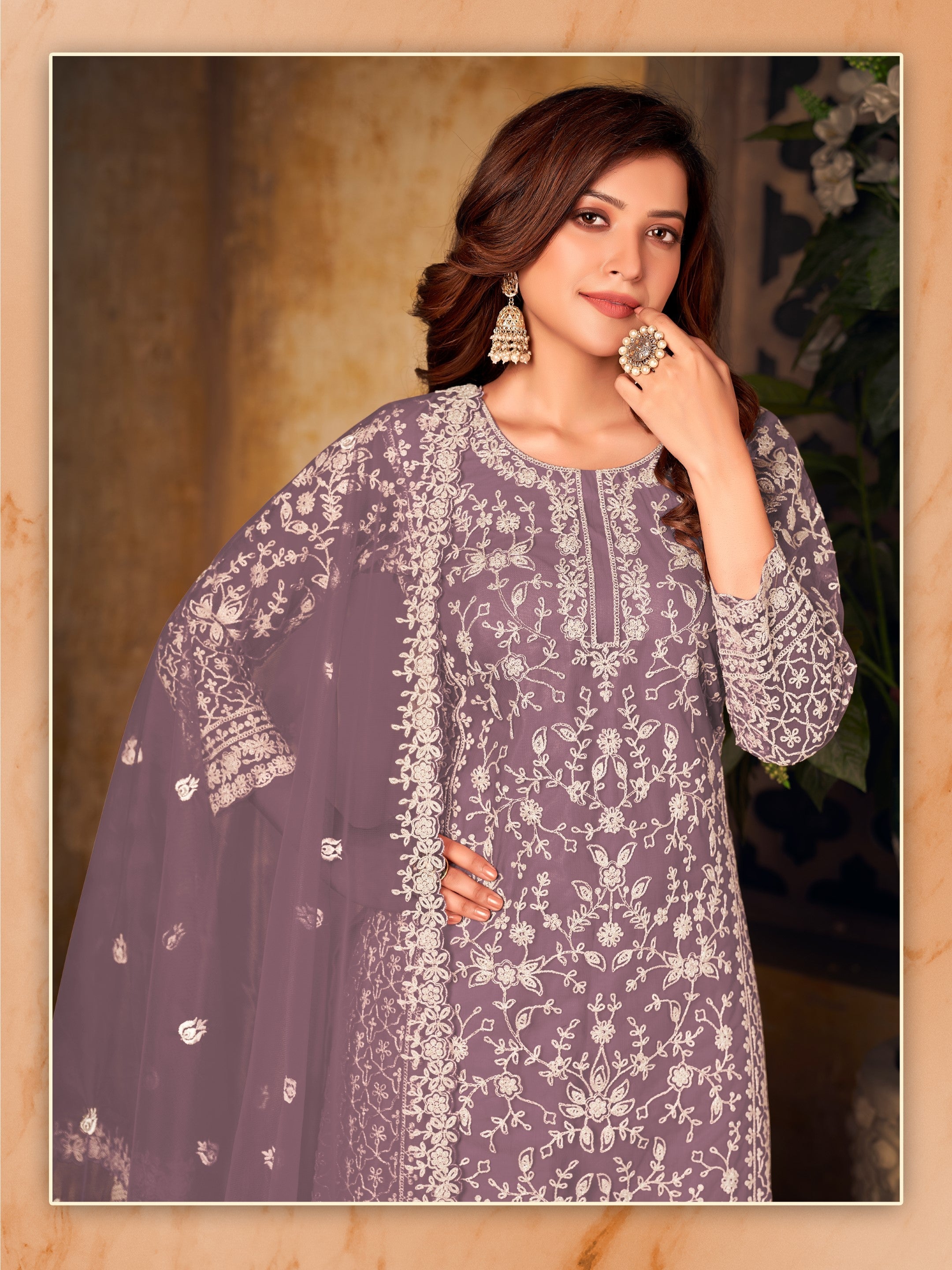 Anaita Lavender Embroidered Net Plazzo Suit - Distacart