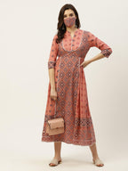 Juniper Women's Peach Geometric Printed Pure Cotton Maxi Dress With Lace Work - Distacart
