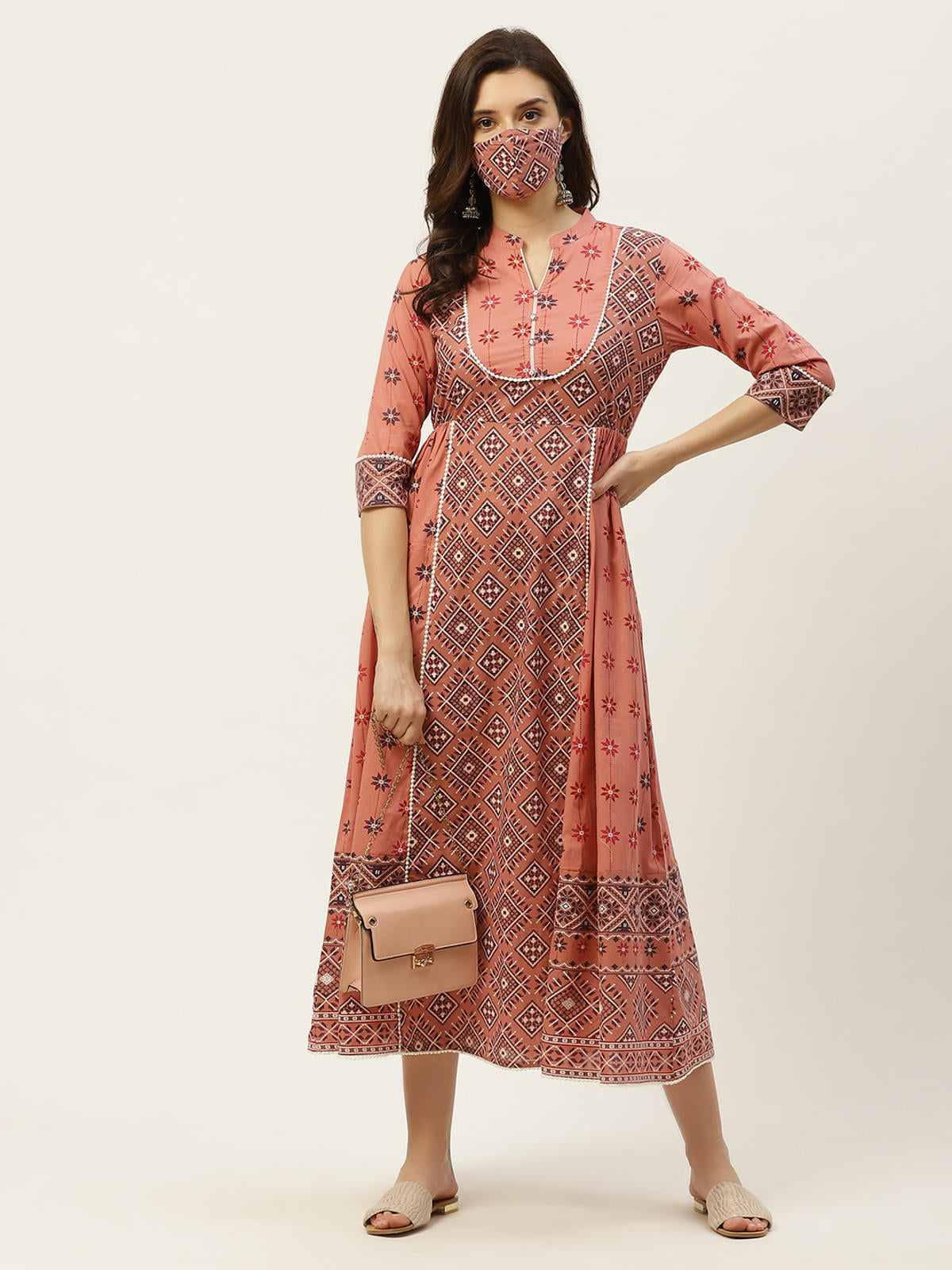Juniper Women's Peach Geometric Printed Pure Cotton Maxi Dress With Lace Work - Distacart