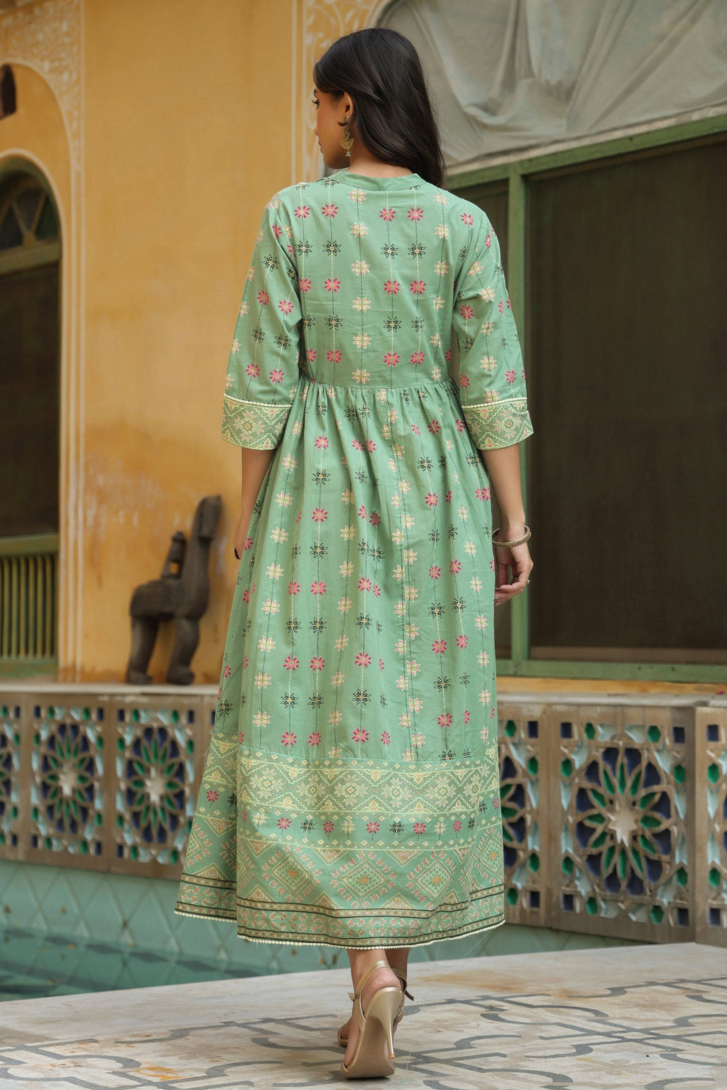 Juniper Women Pistagreen Cambric Printed Flared Dress - Distacart