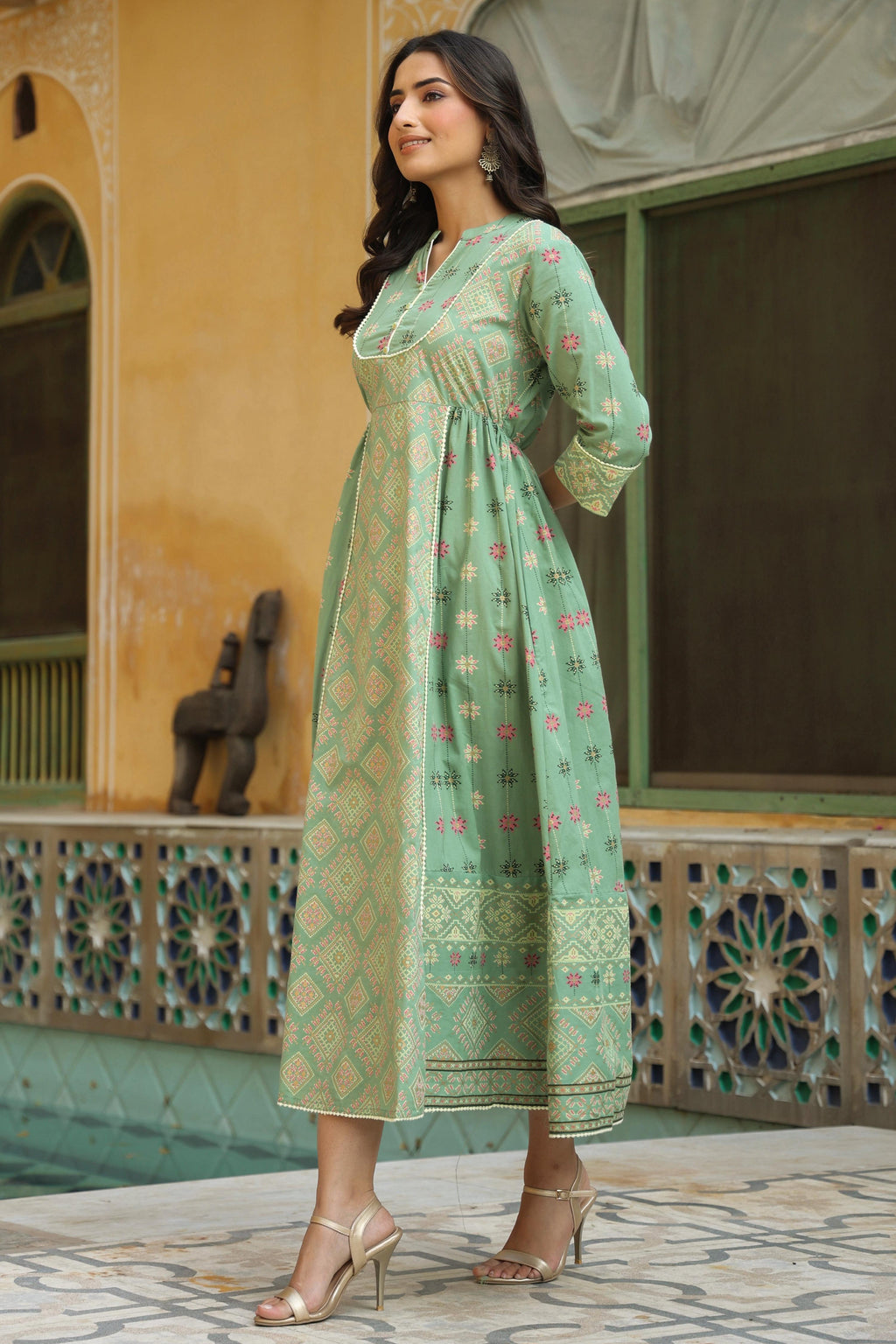 Juniper Women Pistagreen Cambric Printed Flared Dress - Distacart