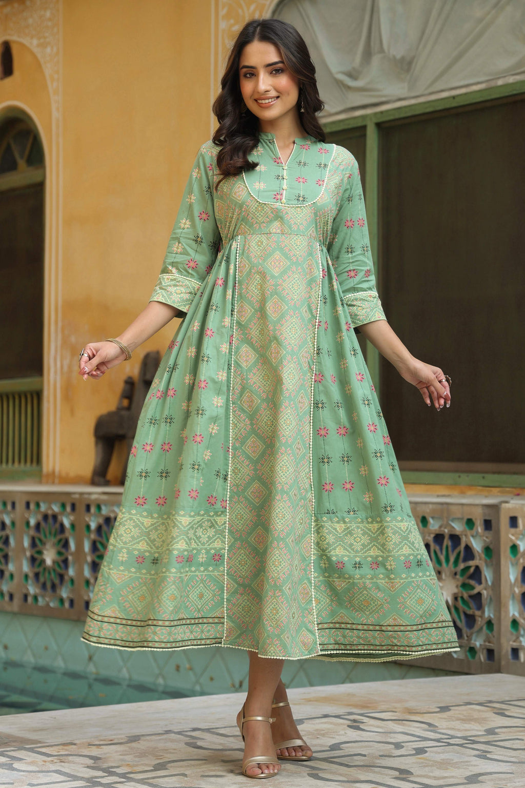 Juniper Women Pistagreen Cambric Printed Flared Dress - Distacart