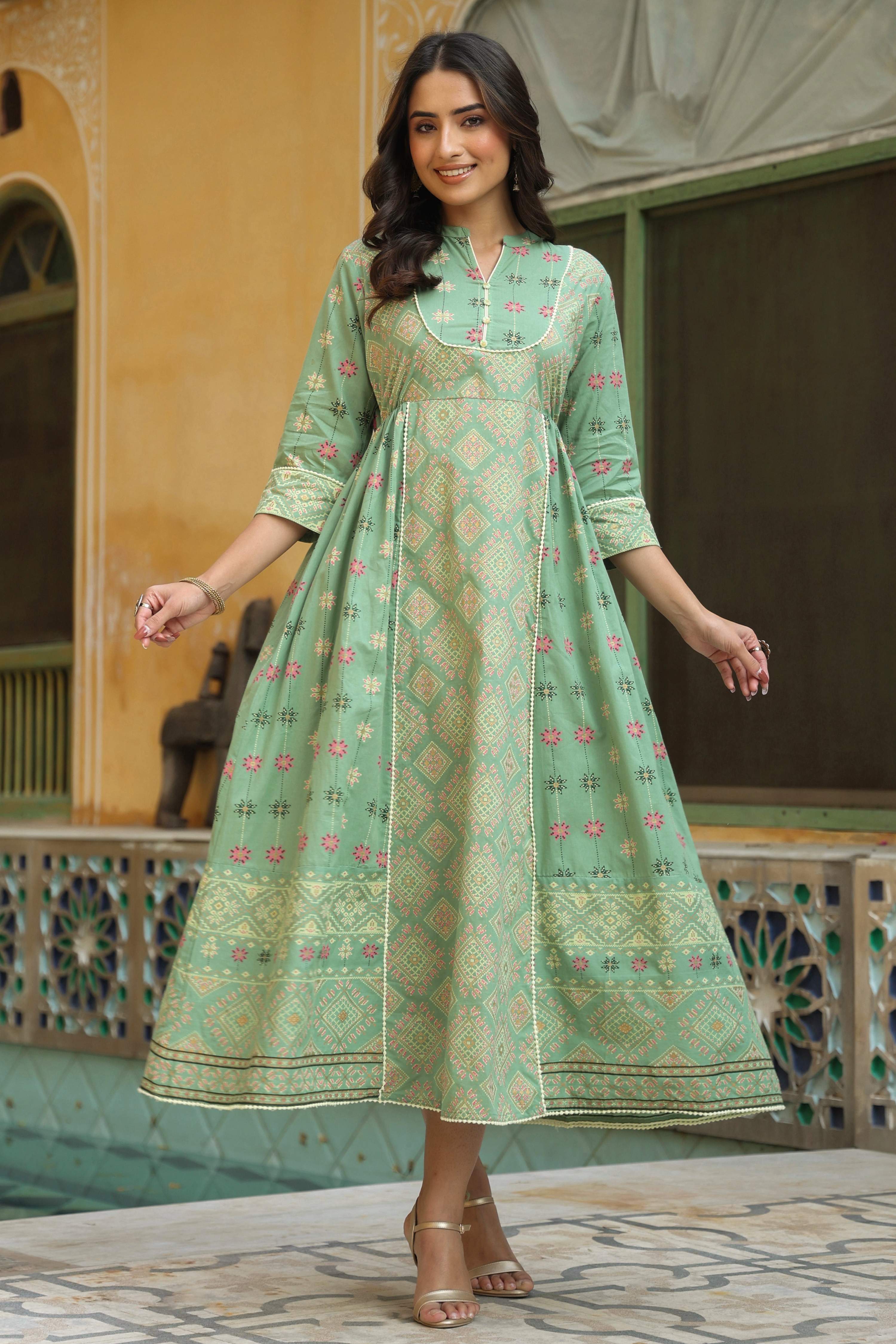 Juniper Women Pistagreen Cambric Printed Flared Dress - Distacart
