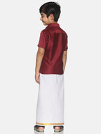 Sethukrishna Maroon & & White Pure Cotton Solid Shirt Veshti Set For Boys