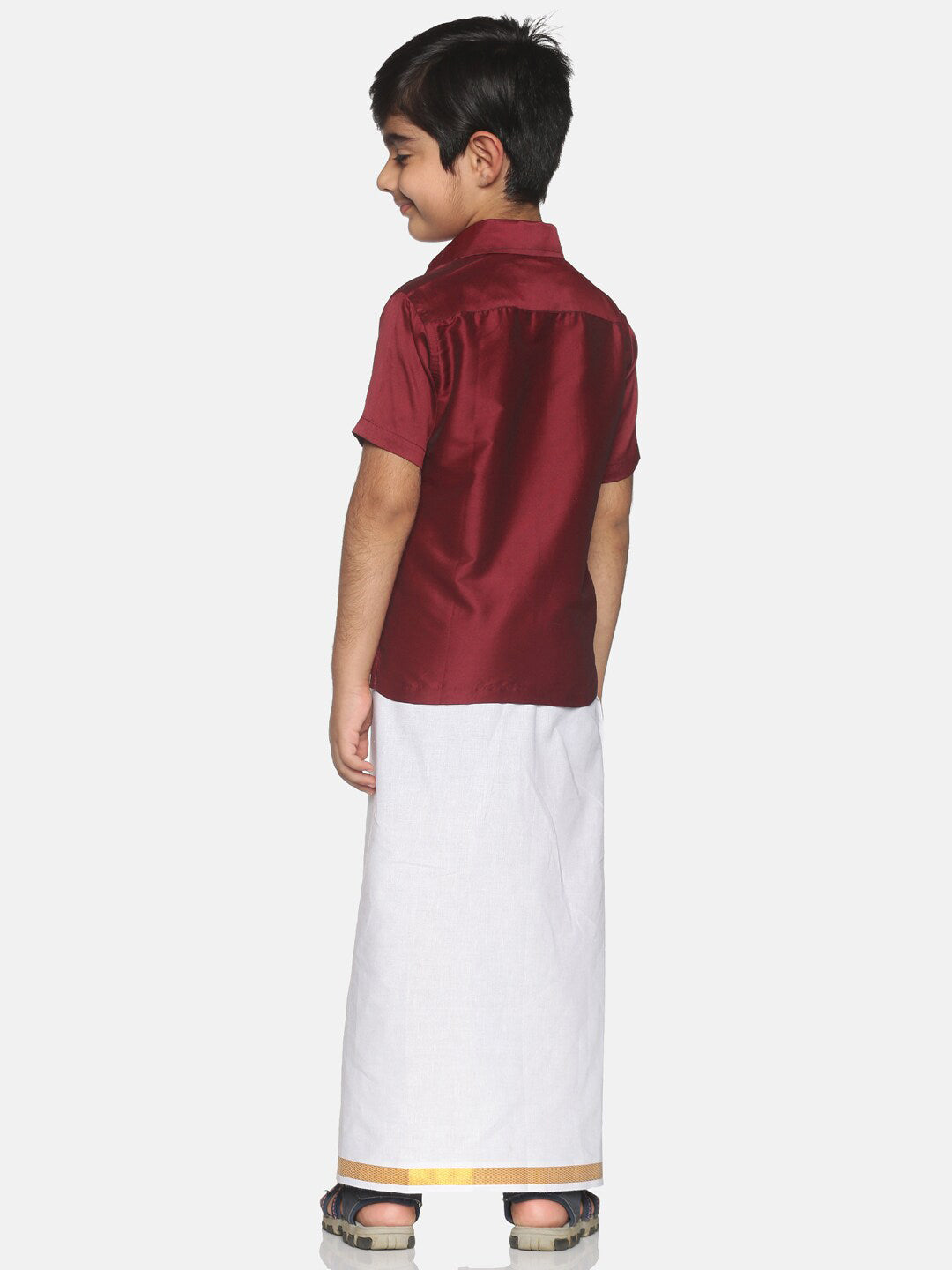 Sethukrishna Maroon & & White Pure Cotton Solid Shirt Veshti Set For Boys