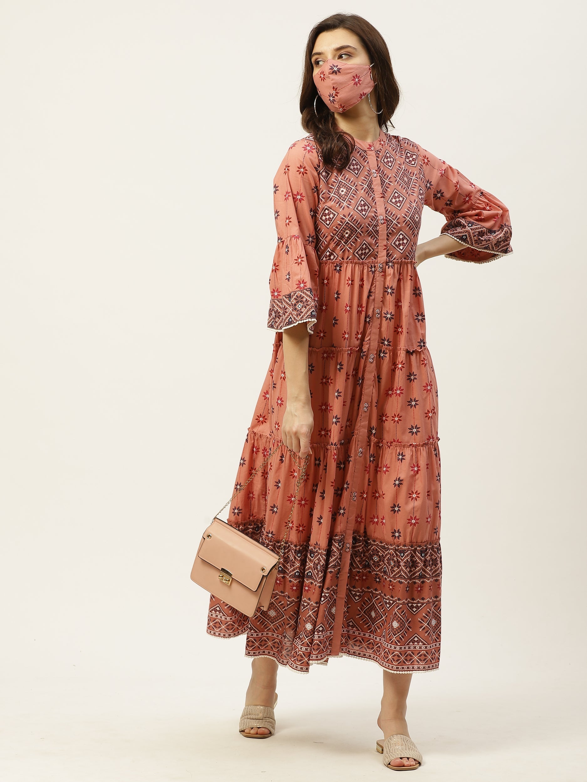 Juniper Womens Peach Cambric Printed Tiered Maxi Dress - Distacart