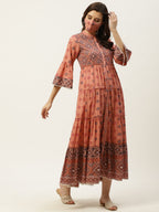 Juniper Womens Peach Cambric Printed Tiered Maxi Dress - Distacart