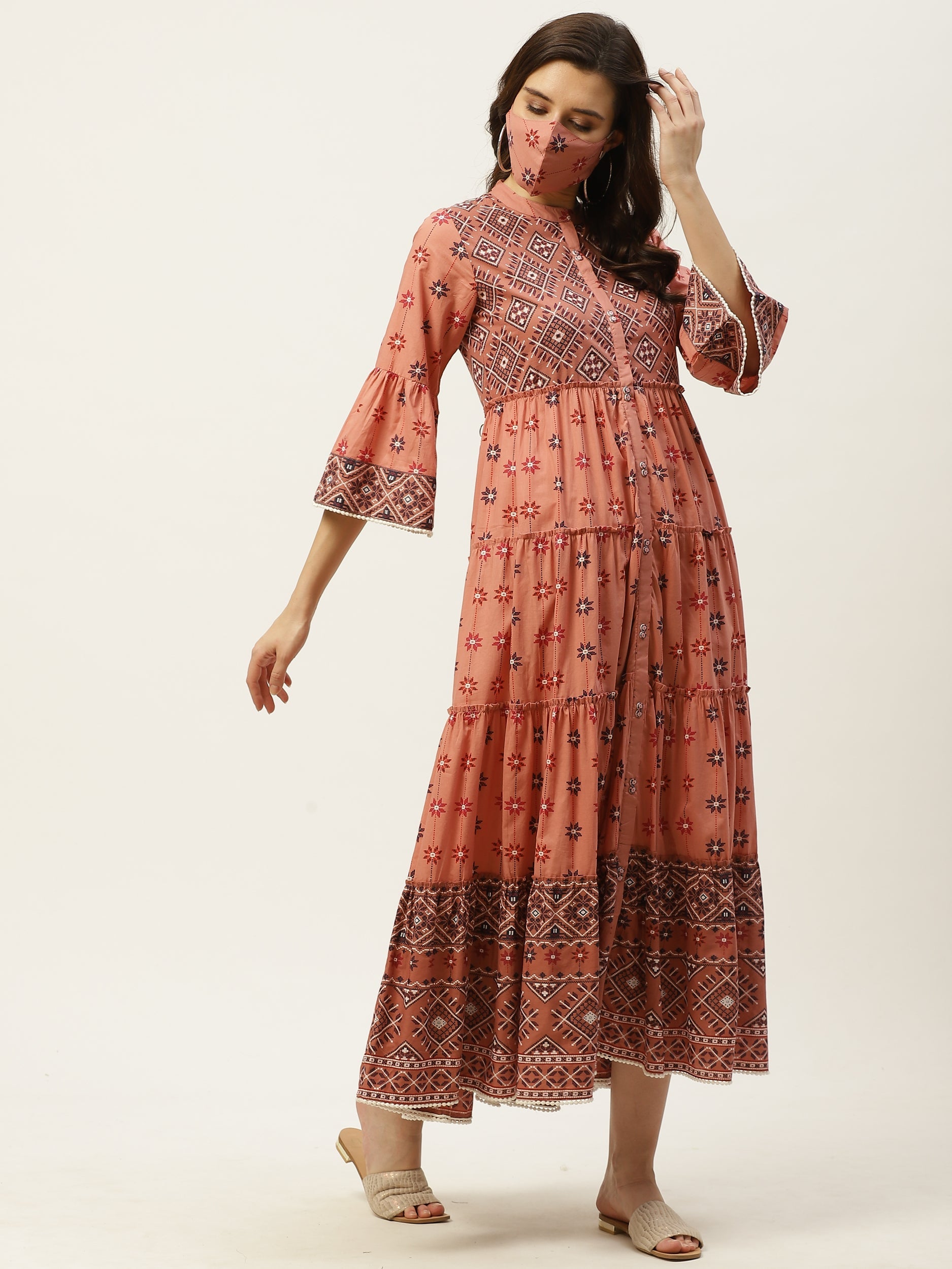 Juniper Womens Peach Cambric Printed Tiered Maxi Dress - Distacart