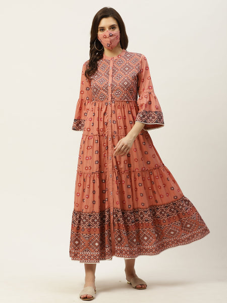 Juniper Womens Peach Cambric Printed Tiered Maxi Dress