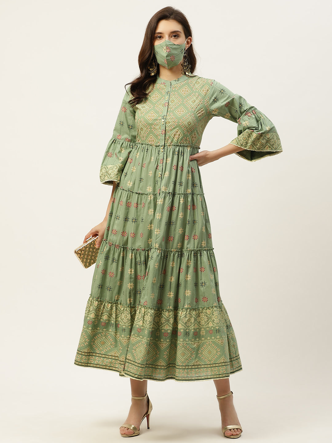 Juniper Womens Pista Green Cambric Printed Tiered Maxi Dress - Distacart