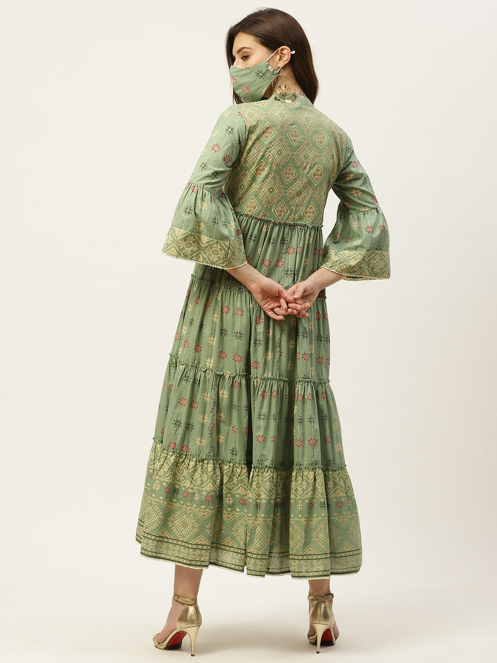 Juniper Womens Pista Green Cambric Printed Tiered Maxi Dress - Distacart