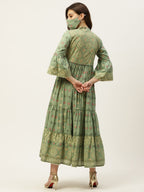 Juniper Womens Pista Green Cambric Printed Tiered Maxi Dress - Distacart