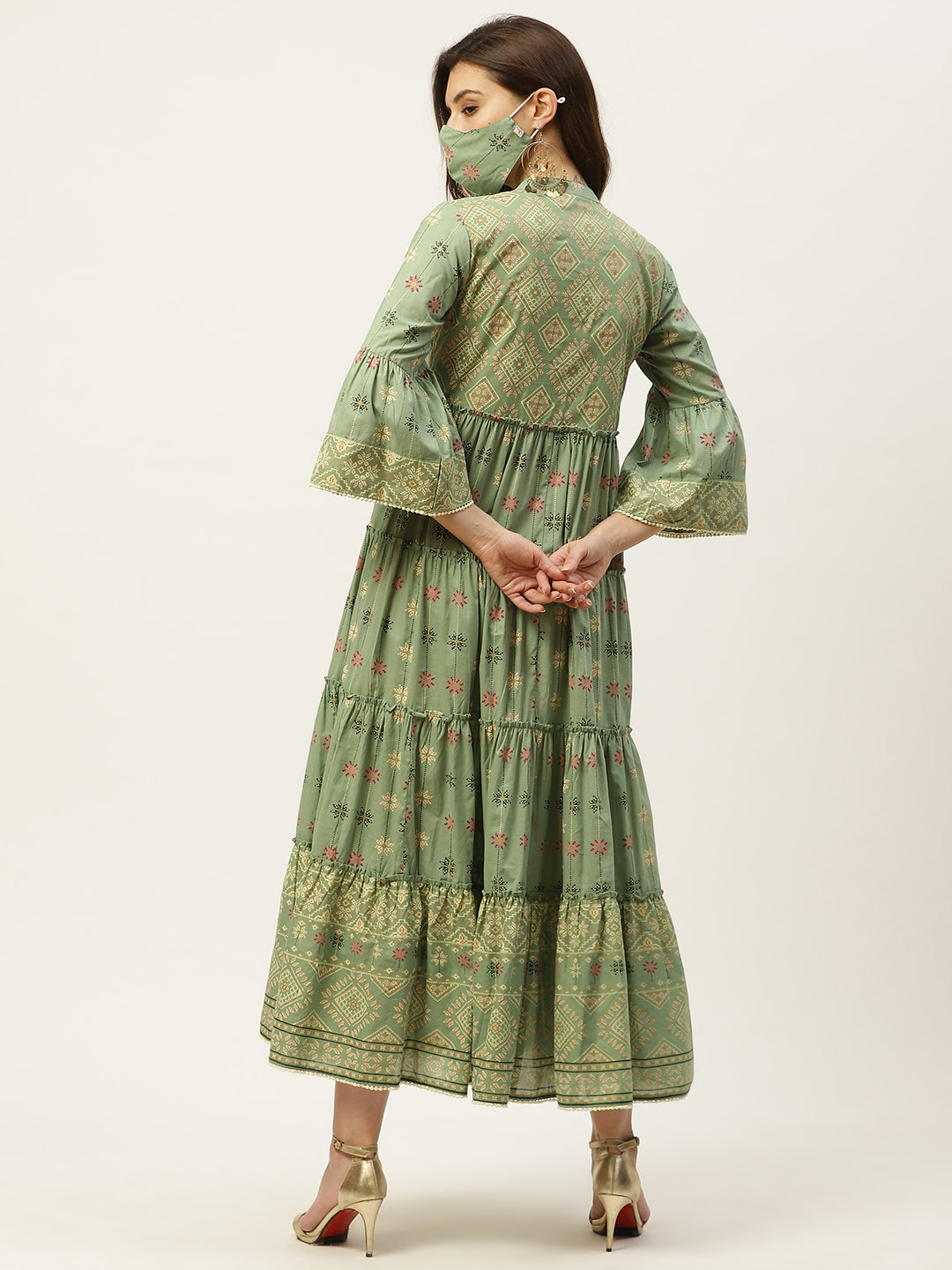 Juniper Womens Pista Green Cambric Printed Tiered Maxi Dress - Distacart
