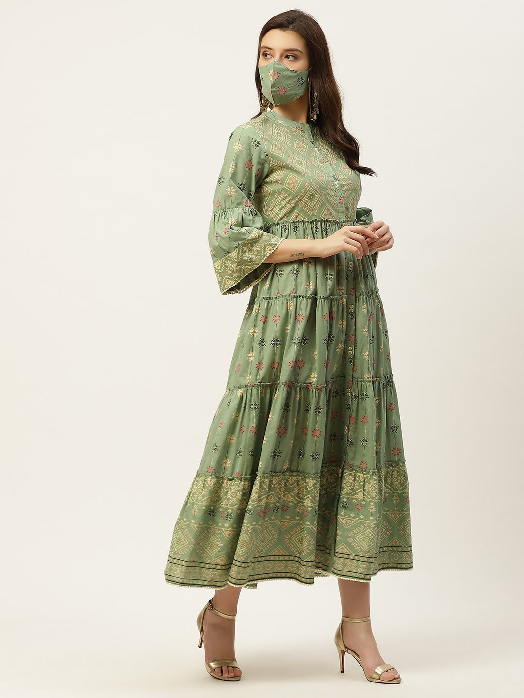 Juniper Womens Pista Green Cambric Printed Tiered Maxi Dress - Distacart