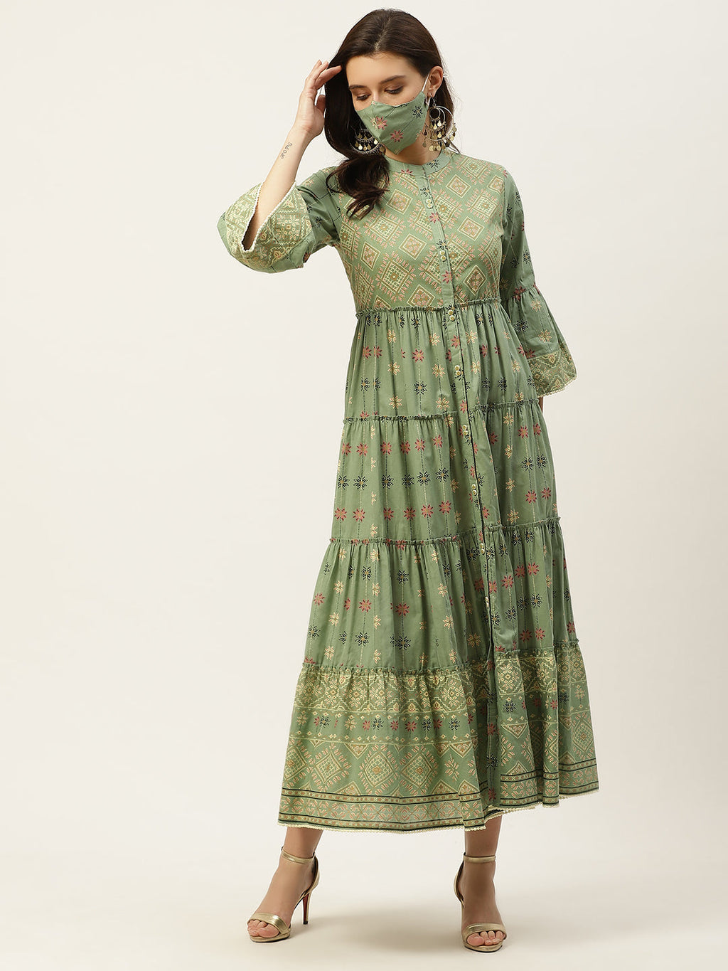 Juniper Womens Pista Green Cambric Printed Tiered Maxi Dress - Distacart