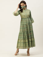 Juniper Womens Pista Green Cambric Printed Tiered Maxi Dress - Distacart