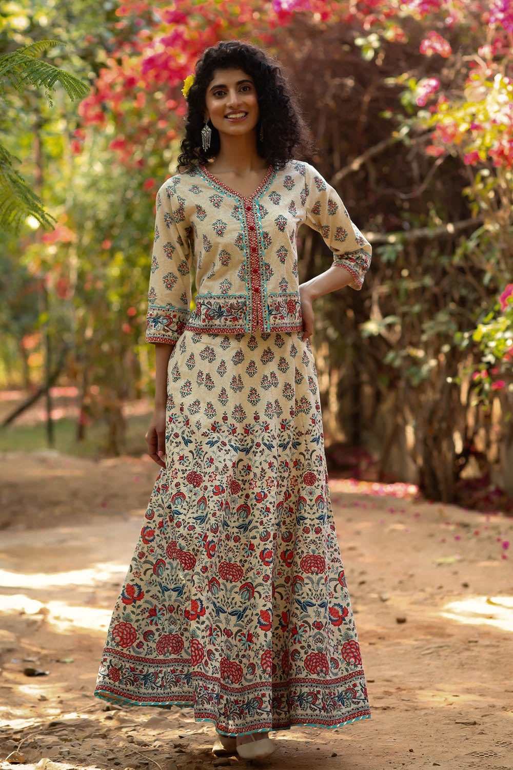 Juniper Beige Floral Printed Pure Cotton Lehenga Choli With Gota Work