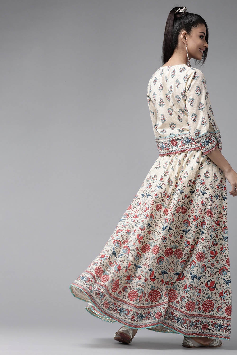 Juniper Beige Floral Printed Pure Cotton Lehenga Choli With Gota Work