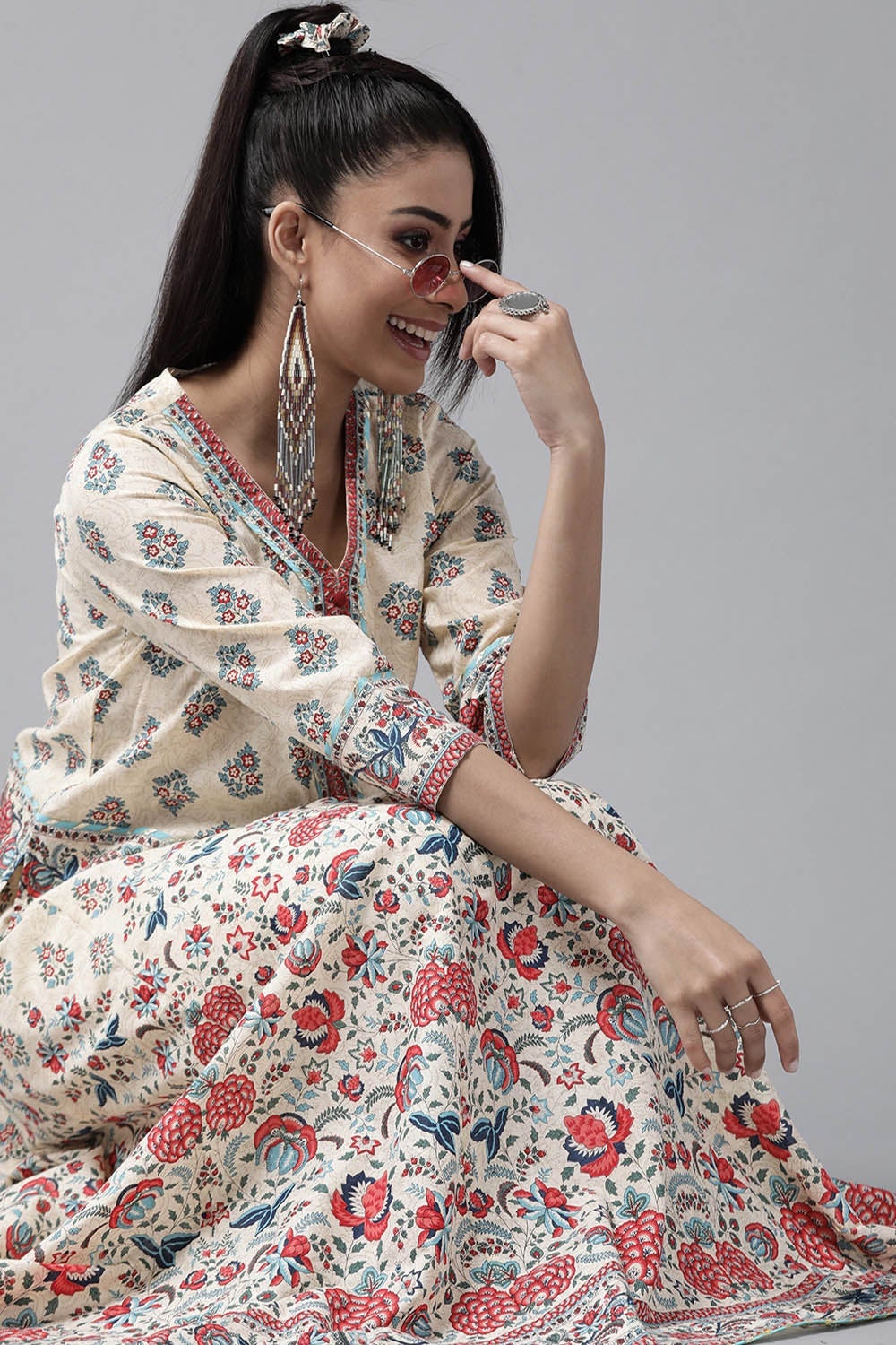 Juniper Beige Floral Printed Pure Cotton Lehenga Choli With Gota Work