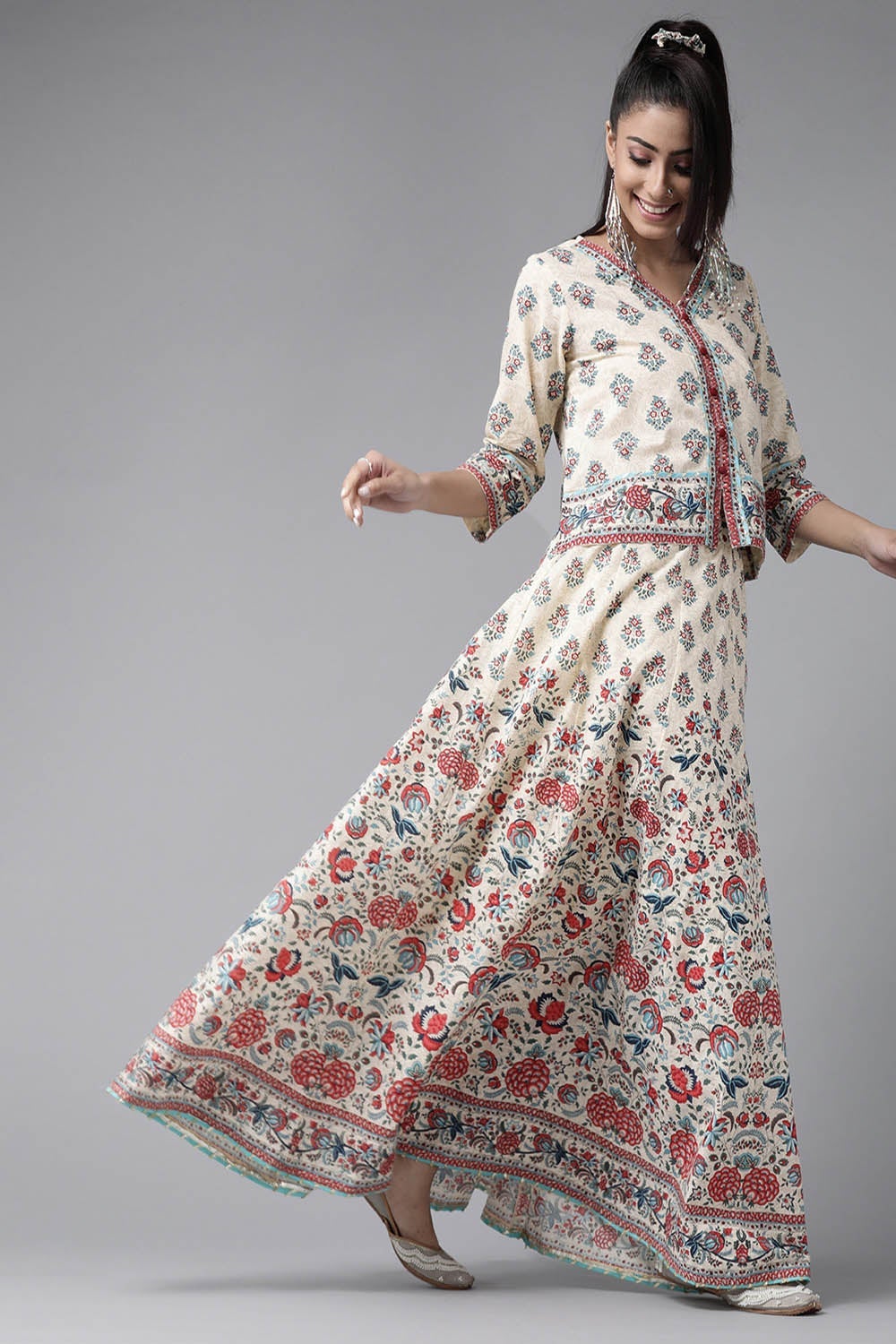 Juniper Beige Floral Printed Pure Cotton Lehenga Choli With Gota Work