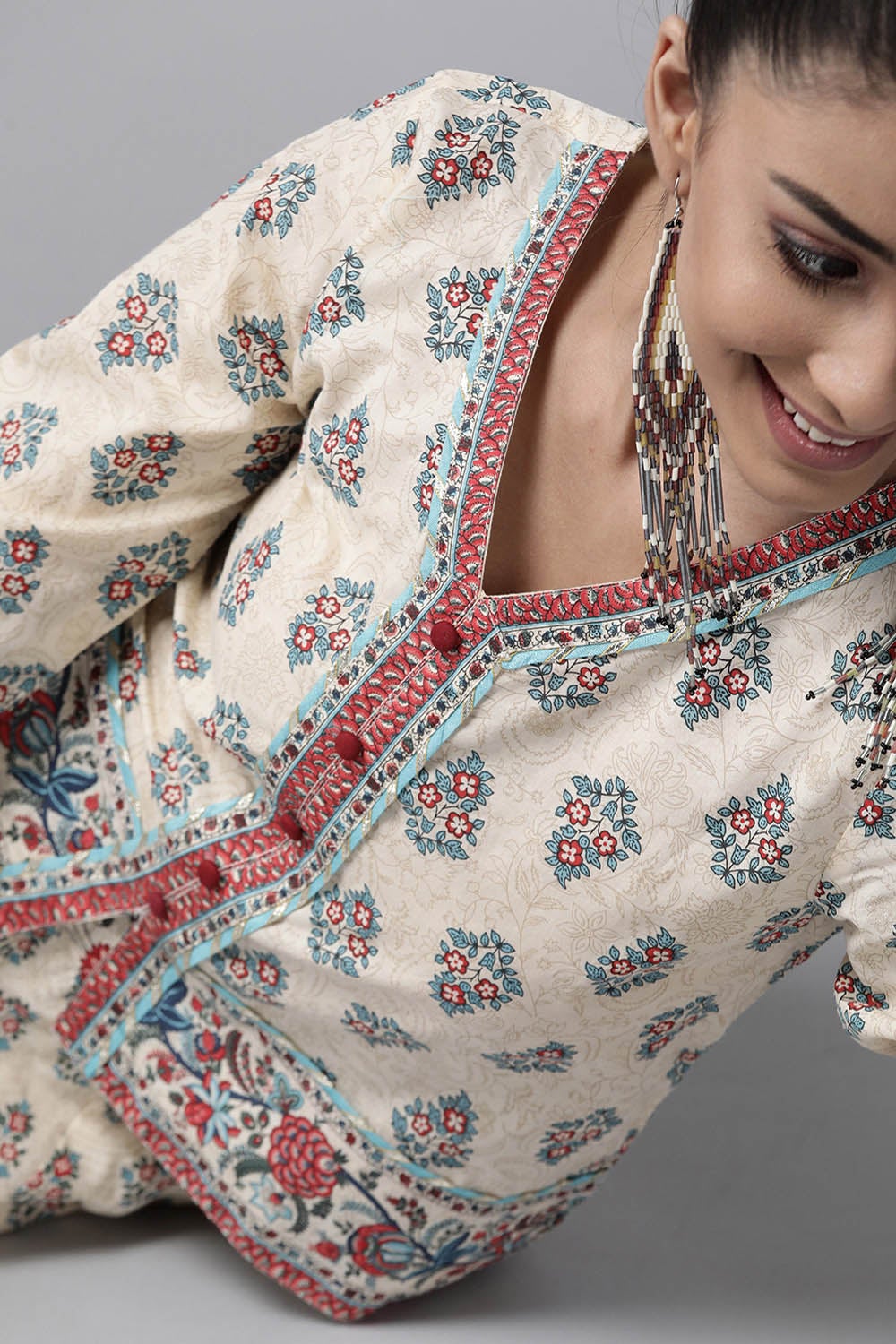 Juniper Beige Floral Printed Pure Cotton Lehenga Choli With Gota Work
