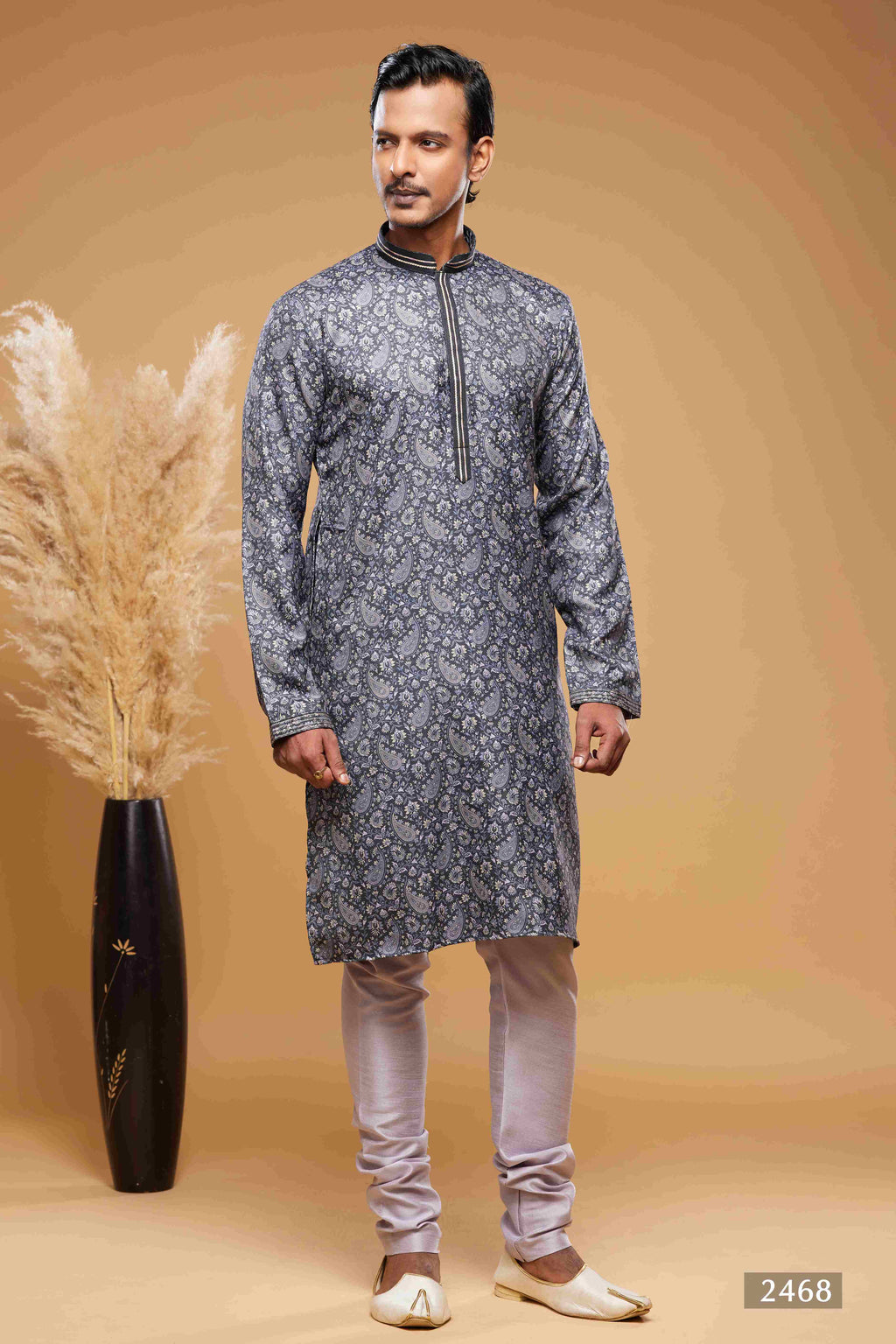 Raivat Ethnic Art Silk Digital Print Pintux Work Kurta Pajama In Blue And Grey Colour