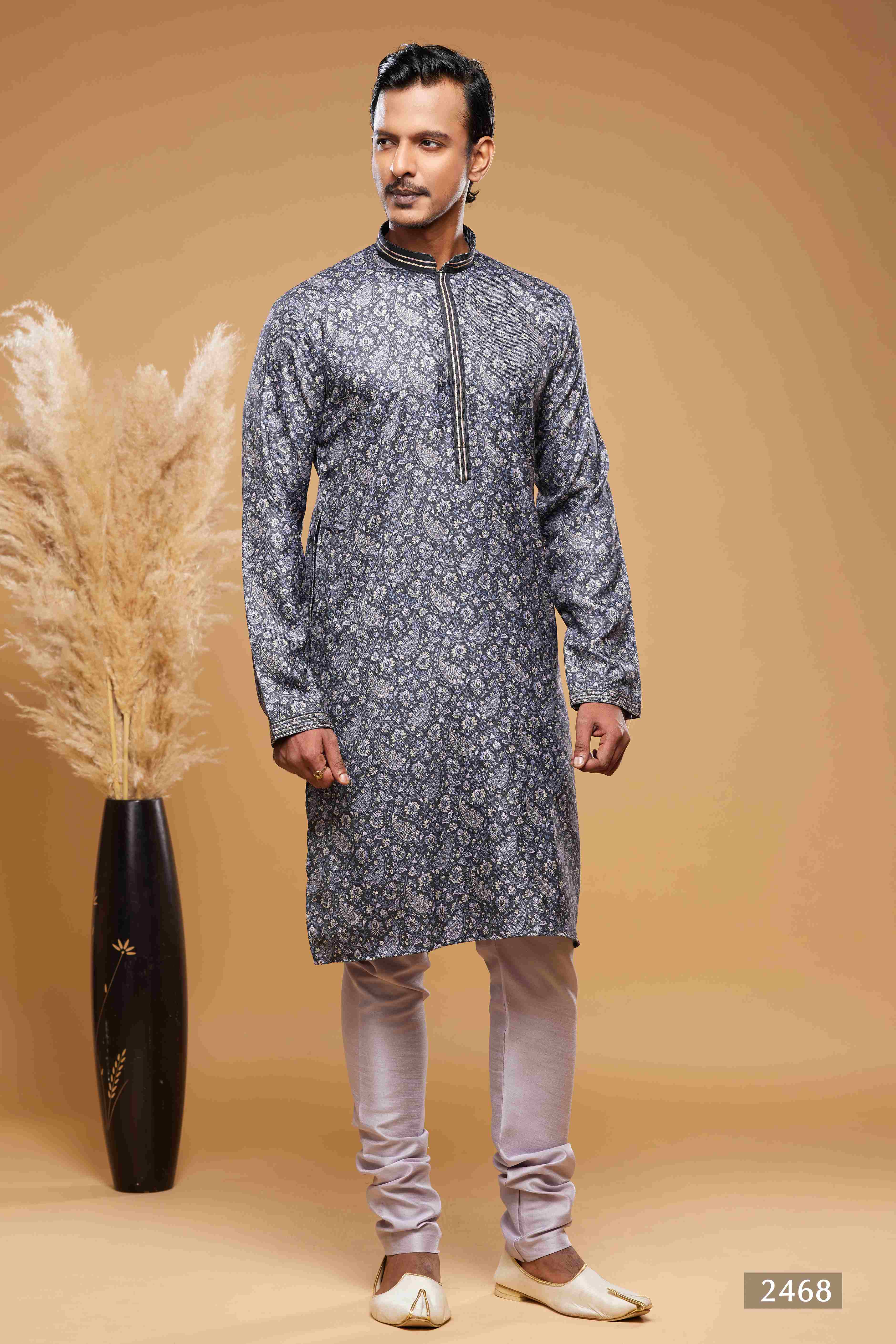 Raivat Ethnic Art Silk Digital Print Pintux Work Kurta Pajama In Blue And Grey Colour