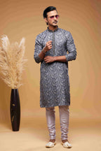 Raivat Ethnic Art Silk Digital Print Pintux Work Kurta Pajama In Blue And Grey Colour