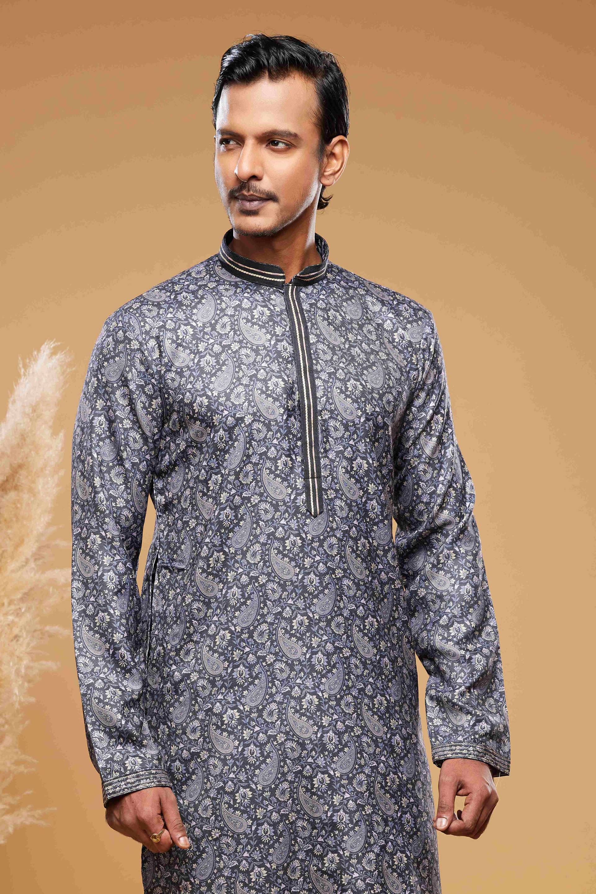 Raivat Ethnic Art Silk Digital Print Pintux Work Kurta Pajama In Blue And Grey Colour