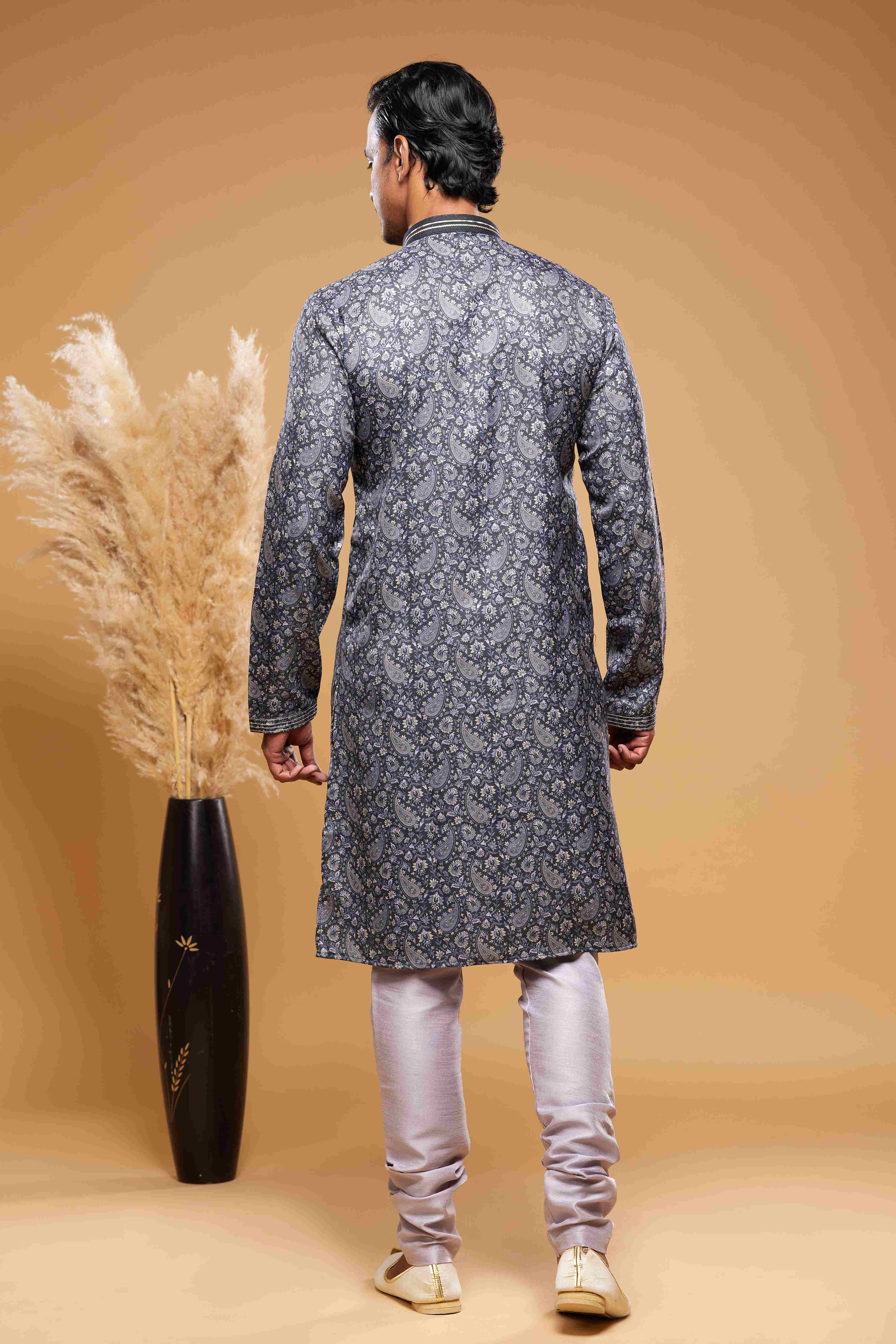 Raivat Ethnic Art Silk Digital Print Pintux Work Kurta Pajama In Blue And Grey Colour