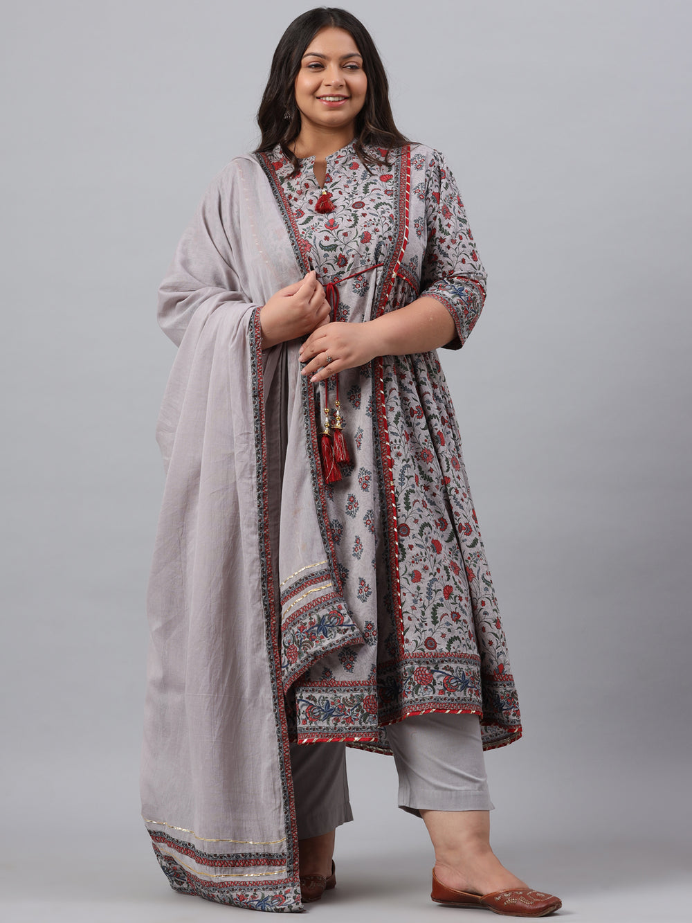Juniper Women`s Grey Cambric Fusion Wear Printed A-Line Kurta Sets - Distacart