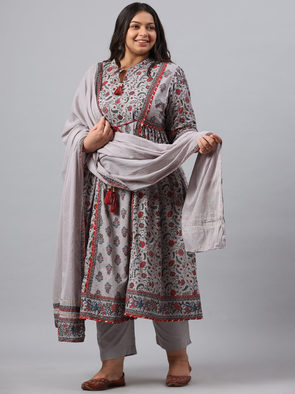 Juniper Women`s Grey Cambric Fusion Wear Printed A-Line Kurta Sets - Distacart