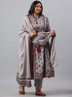 Juniper Women`s Grey Cambric Fusion Wear Printed A-Line Kurta Sets - Distacart