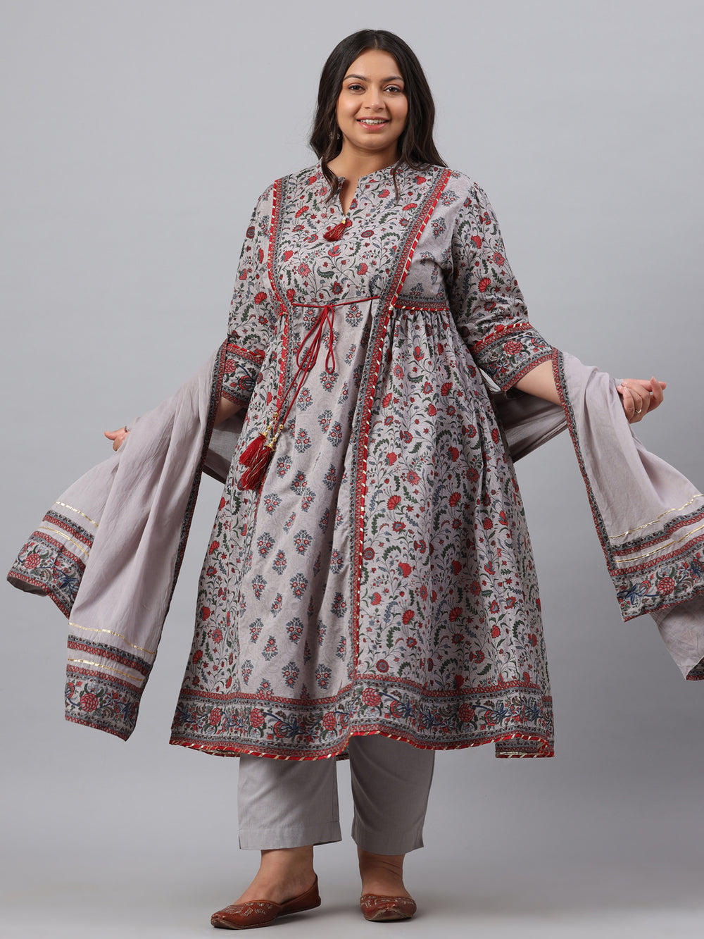 Juniper Women`s Grey Cambric Fusion Wear Printed A-Line Kurta Sets - Distacart