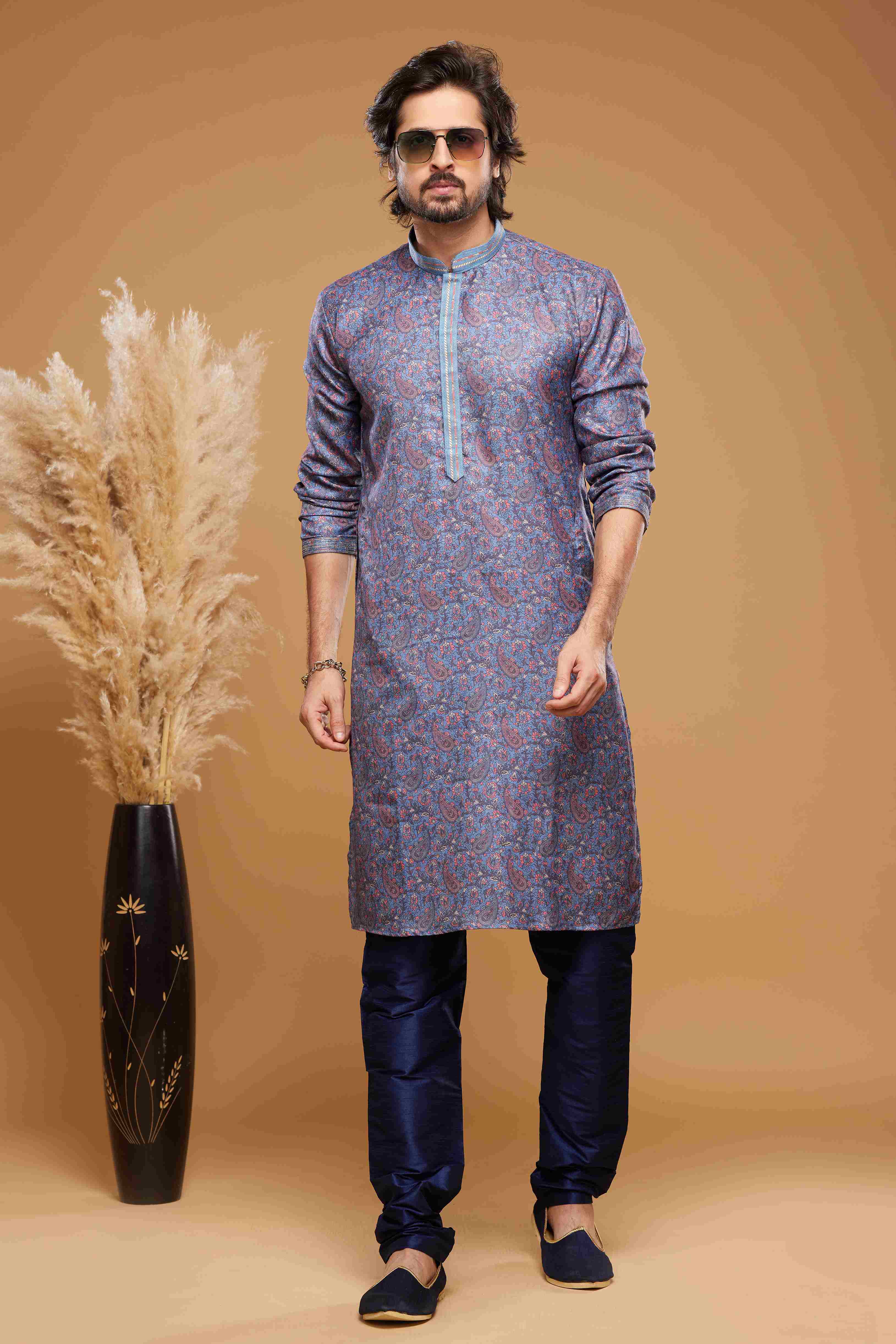 Raivat Ethnic Art Silk Digital Print Pintux Work Kurta Pajama In Blue Colour