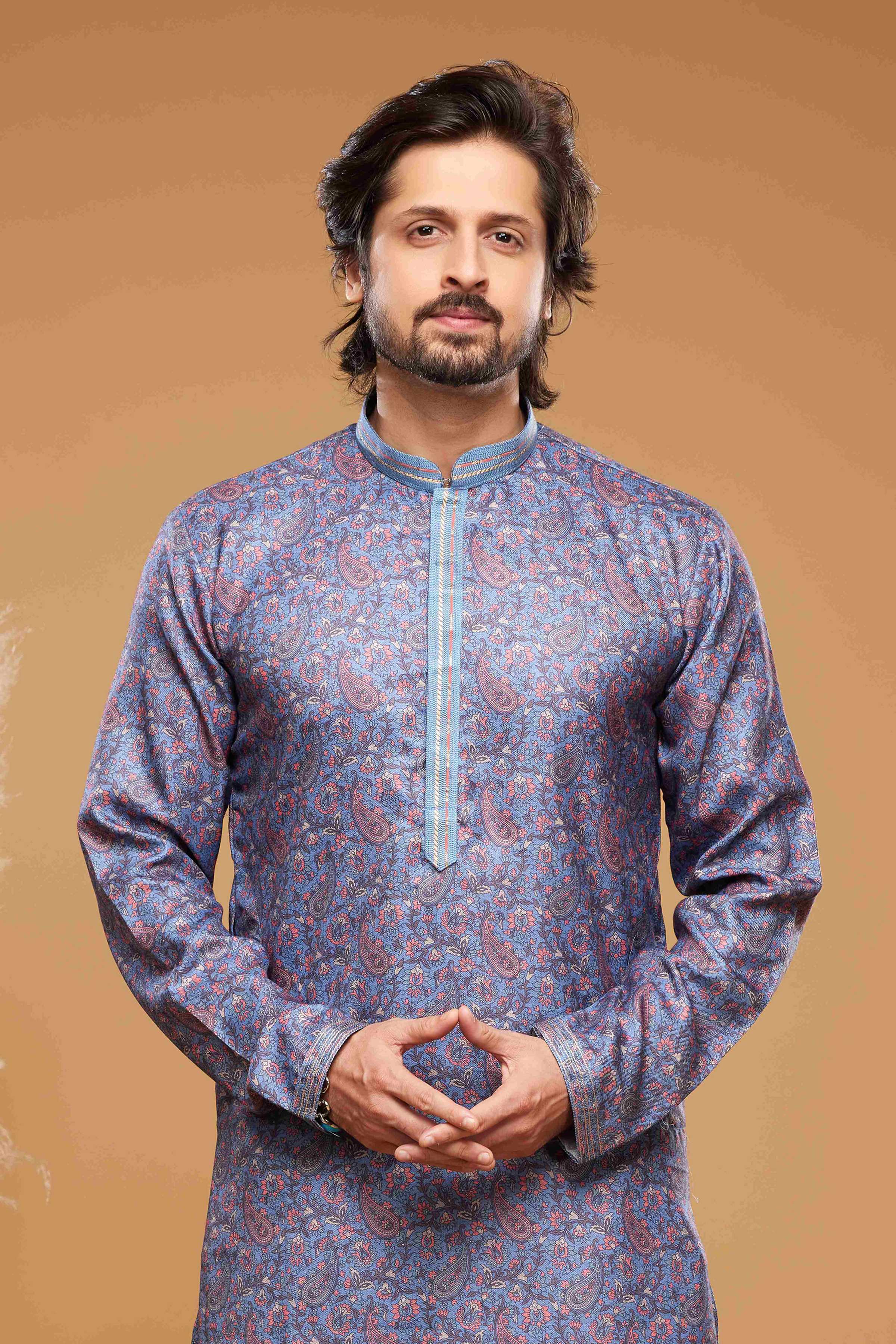 Raivat Ethnic Art Silk Digital Print Pintux Work Kurta Pajama In Blue Colour