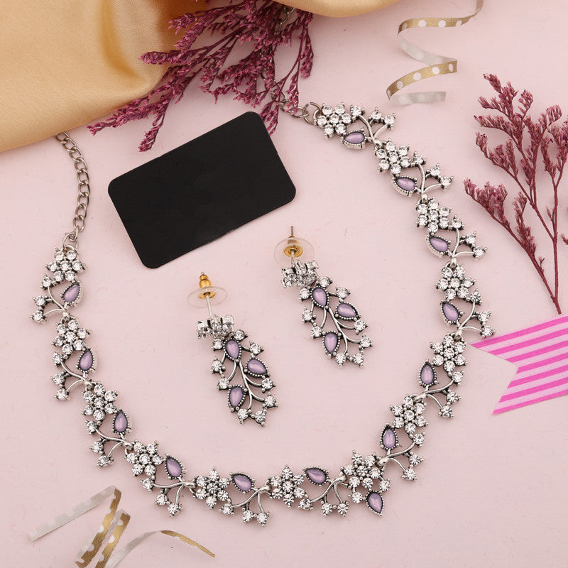 Tehzeeb Creations Silver Pleated White Diamond With Lavender Beads Necklace Set